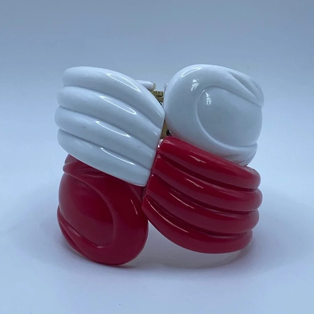 Vintage Retro Red White Chunky Bangle Bracelet Set Textured Mod Pop Art - OS